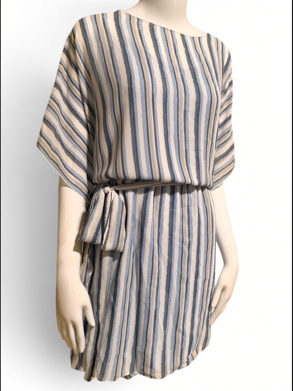 M.S.S.P. Chiffon Belted Tunic Dress Blue Cream Bat Winged Sleeves Knee Length 2X